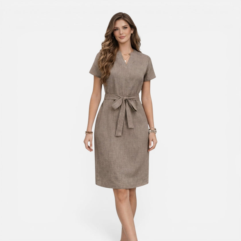 Women’s lightweight midi dress by FJØRNA with V-neck, short sleeves, and a belt, perfect for casual and summer wear.