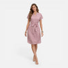 Lightweight women's midi dress by FJØRNA with V-neck, short sleeves, and a belt for a stylish, casual look.