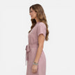 Women's lightweight midi dress by FJØRNA with V-neck, short sleeves, and belt, perfect for casual or summer wear.