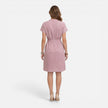 Women's lightweight midi dress with a belted waist, V-neck, and short sleeves by FJØRNA, shown on a model.