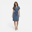 Women’s lightweight midi dress by FJØRNA with V-neck, short sleeves, and a belt, perfect for casual or semi-formal wear.