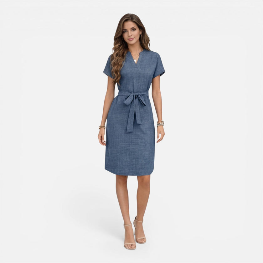 Women’s lightweight midi dress by FJØRNA with V-neck, short sleeves, and a belt, perfect for casual or semi-formal wear.