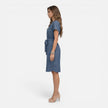 Women's lightweight midi dress by FJØRNA featuring a belted waist, V-neck, and short sleeves, perfect for casual or summer wear.