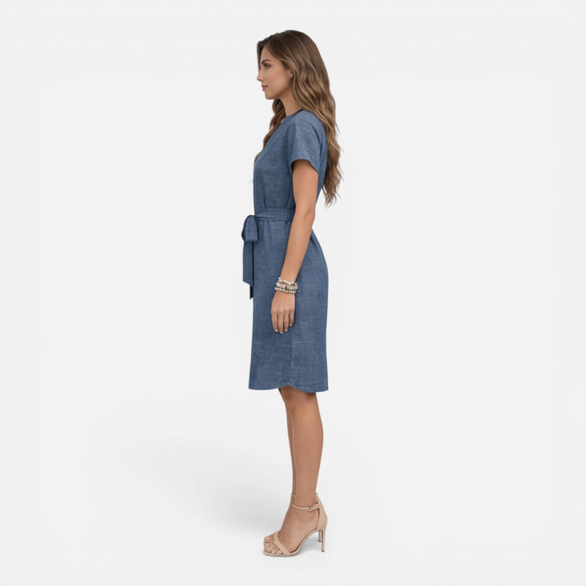 Women's lightweight midi dress by FJØRNA featuring a belted waist, V-neck, and short sleeves, perfect for casual or summer wear.