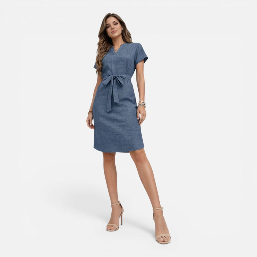 Women's lightweight midi dress by FJØRNA with V-neck, short sleeves, and a belt, perfect for casual or summer wear.