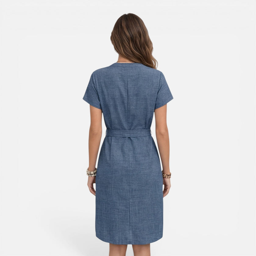 Women’s lightweight midi dress by FJØRNA with V-neck, short sleeves, and a belt for a stylish, comfortable look.