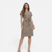 Women's lightweight midi dress by FJØRNA featuring a belted waist, V-neck, and short sleeves, perfect for casual wear.