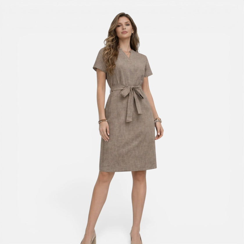Women's lightweight midi dress by FJØRNA featuring a belted waist, V-neck, and short sleeves, perfect for casual wear.