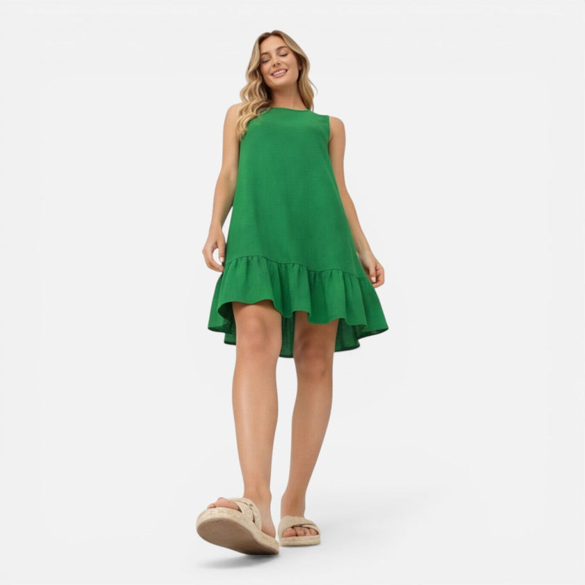 Women's lightweight sleeveless summer dress by FJØRNA with A-line silhouette and ruffle hem, perfect for warm weather.