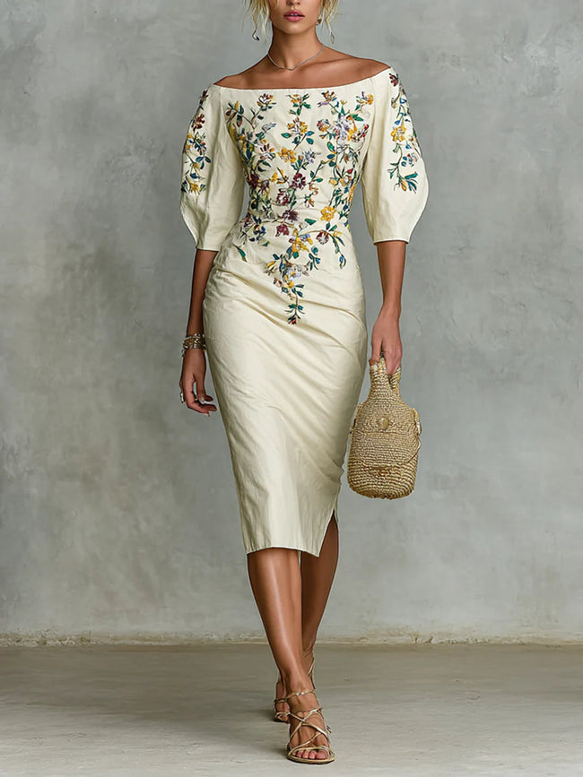 White FJØRNA floral one-shoulder midi dress with embroidery, waist-length, short sleeves, perfect for summer or casual occasions.