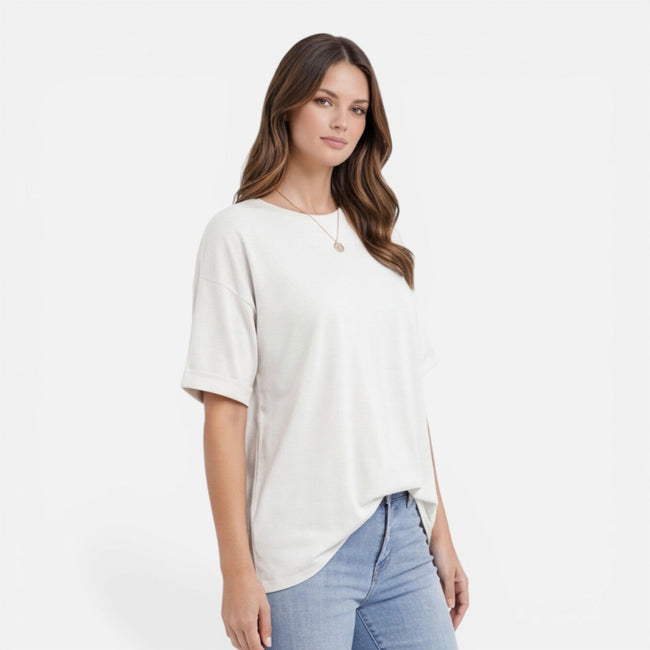 Women’s oversized cotton T-shirt by FJØRNA, relaxed fit, lightweight and breathable daily wear shirt for comfortable casual styling.