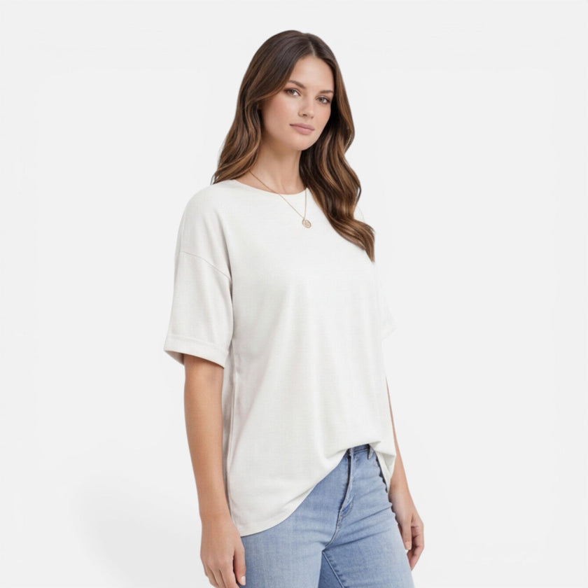 Women’s oversized cotton T-shirt by FJØRNA, relaxed fit, lightweight and breathable daily wear shirt for comfortable casual styling.