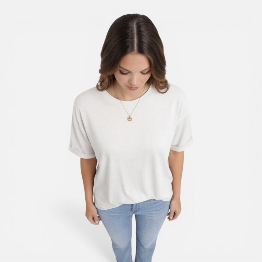Women's oversized cotton T-shirt by FJØRNA, relaxed fit, lightweight and breathable everyday shirt, shown on a model.