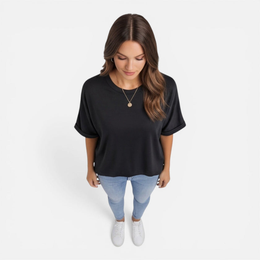 Women’s oversized cotton T-shirt by FJØRNA, relaxed fit, lightweight, breathable daily wear shirt with casual style.