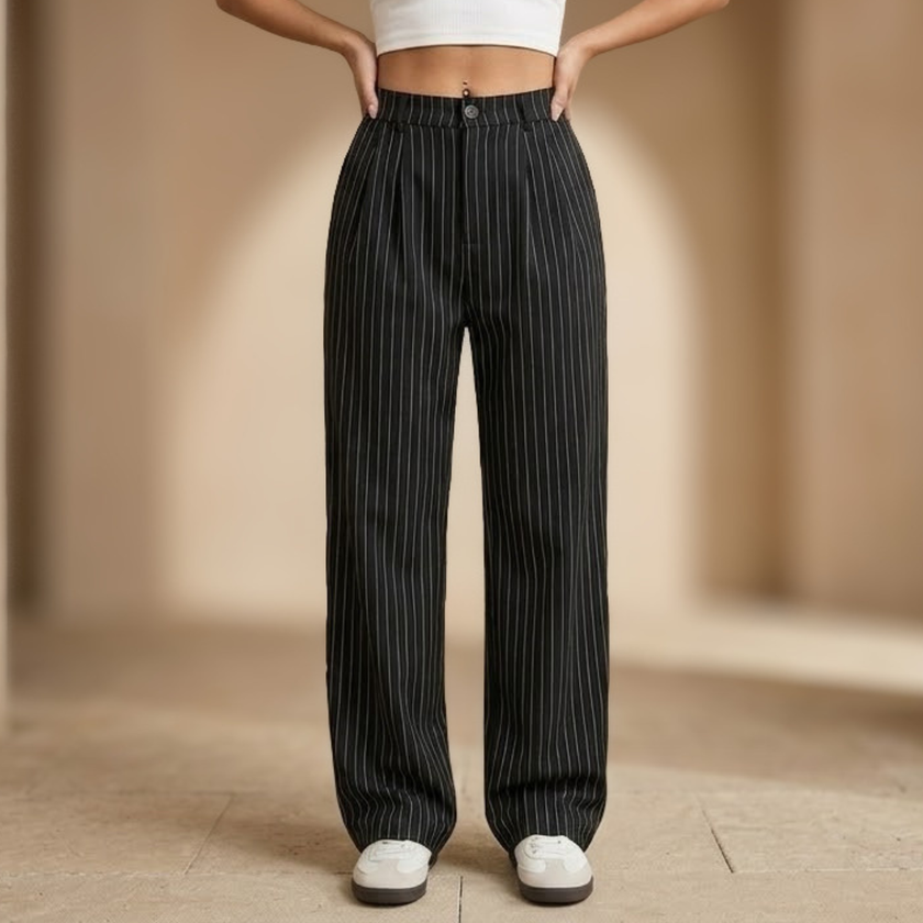 Women’s pinstripe wide leg high-waisted trousers by FJØRNA, showcasing a tailored fit and classic pinstripe pattern.