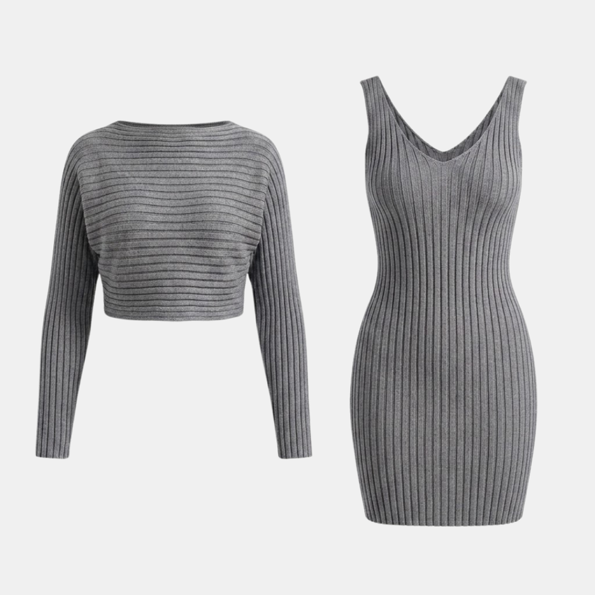 FJØRNA women's ribbed knit lace co-ord set with matching top and pants, stylish and comfortable for casual wear.