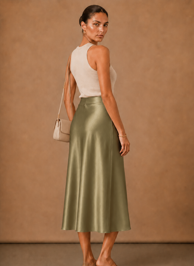 Women's satin midi skirt by FJØRNA featuring an elegant A-line design and flowing fabric, perfect for sophisticated dresses.