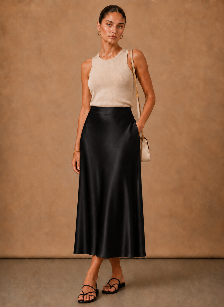 Women’s satin midi skirt by FJØRNA featuring an elegant A-line flowing design and soft, shiny fabric.