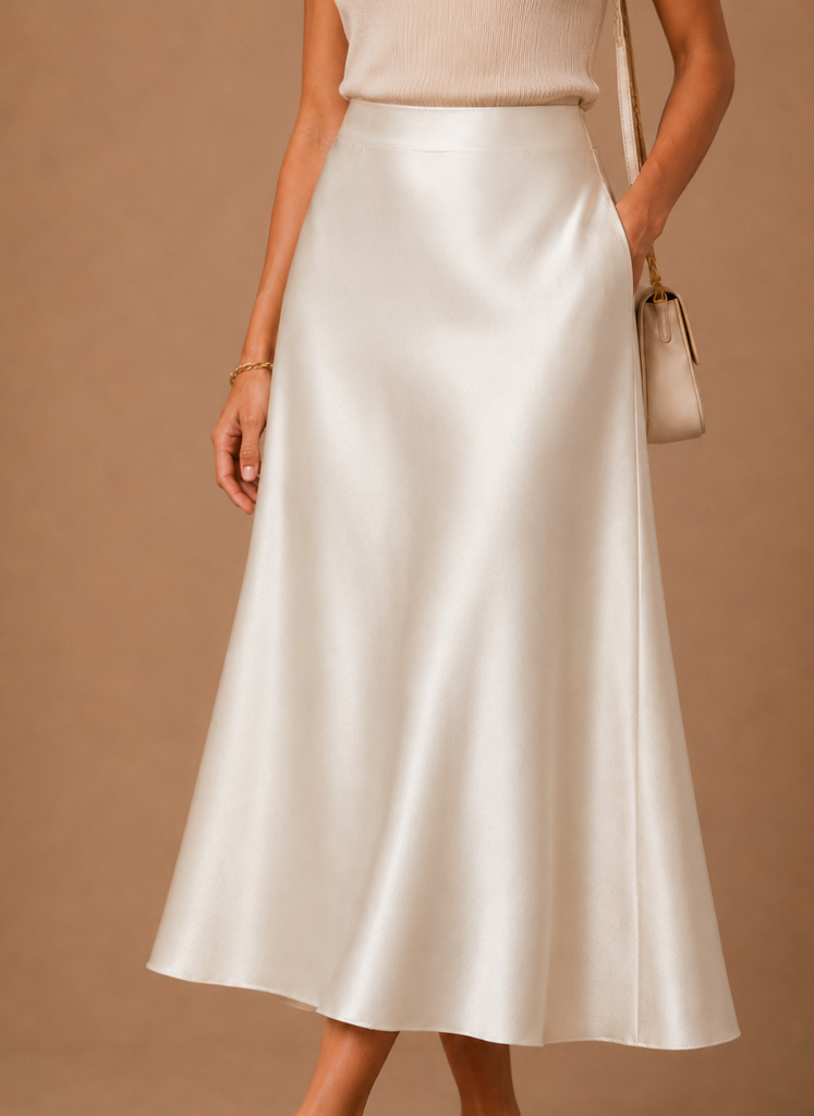 Women's satin midi skirt by FJØRNA featuring an elegant A-line design and flowing silhouette, perfect for stylish outfits.