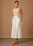 Women's satin midi skirt by FJØRNA featuring an elegant A-line design and flowing silhouette.