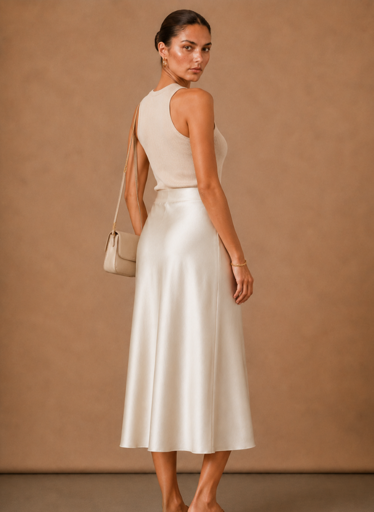 Women's satin midi skirt by FJØRNA featuring an elegant A-line flowing design, showcased on a model in a fashion image.