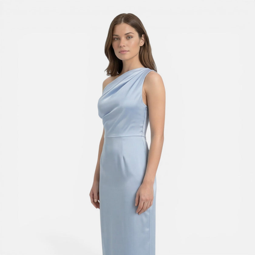 Women's satin one shoulder midi wedding guest dress by FJØRNA, slim fit style with elegant evening design.