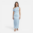 Women's satin one-shoulder wedding guest dress by FJØRNA, midi length, slim fit, elegant evening dress with smooth fabric and stylish design