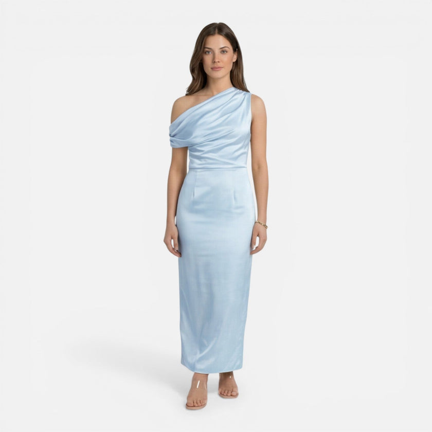Women's satin one-shoulder wedding guest dress by FJØRNA, midi length, slim fit, elegant evening dress with smooth fabric and stylish design