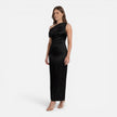 Women's satin one shoulder wedding guest dress by FJØRNA, midi length, slim fit, elegant evening dress with draped shoulder detail.