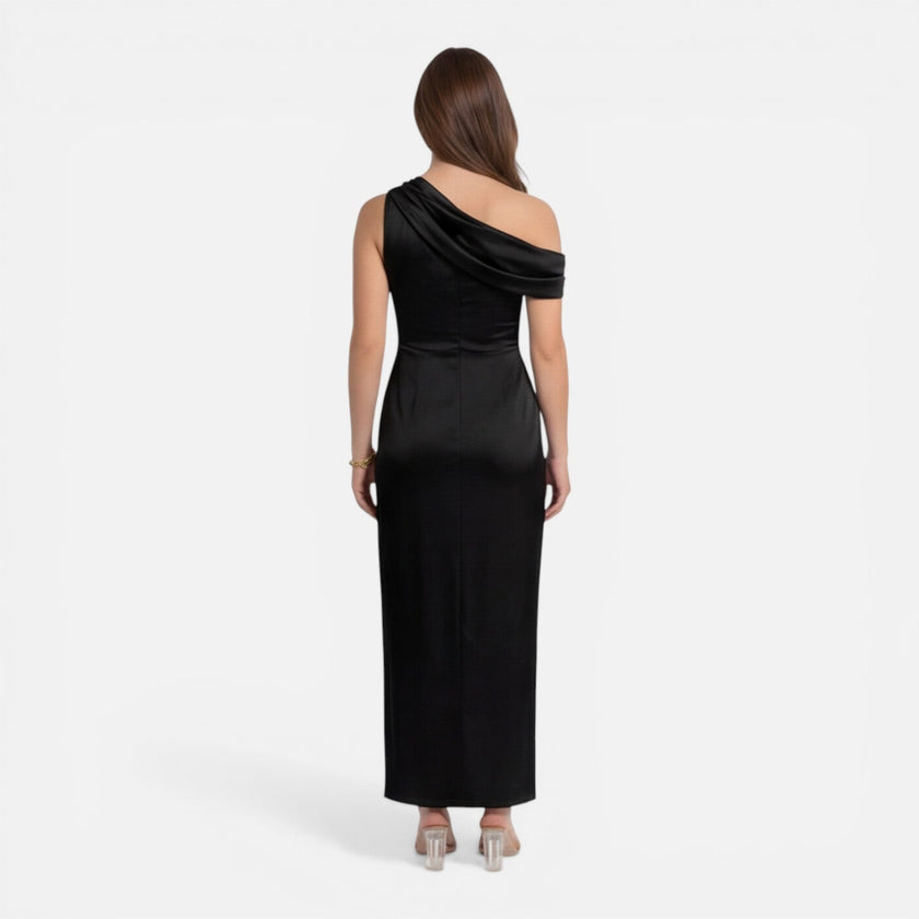 FJØRNA women's satin one-shoulder wedding guest dress, midi length, slim fit, elegant evening dress with smooth satin fabric.