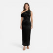Women's satin one-shoulder wedding guest dress by FJØRNA, midi length, slim fit, elegant evening dress for special occasions.