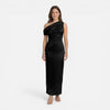 Women's satin one-shoulder wedding guest dress by FJØRNA, midi length, slim fit, elegant evening dress for special occasions.