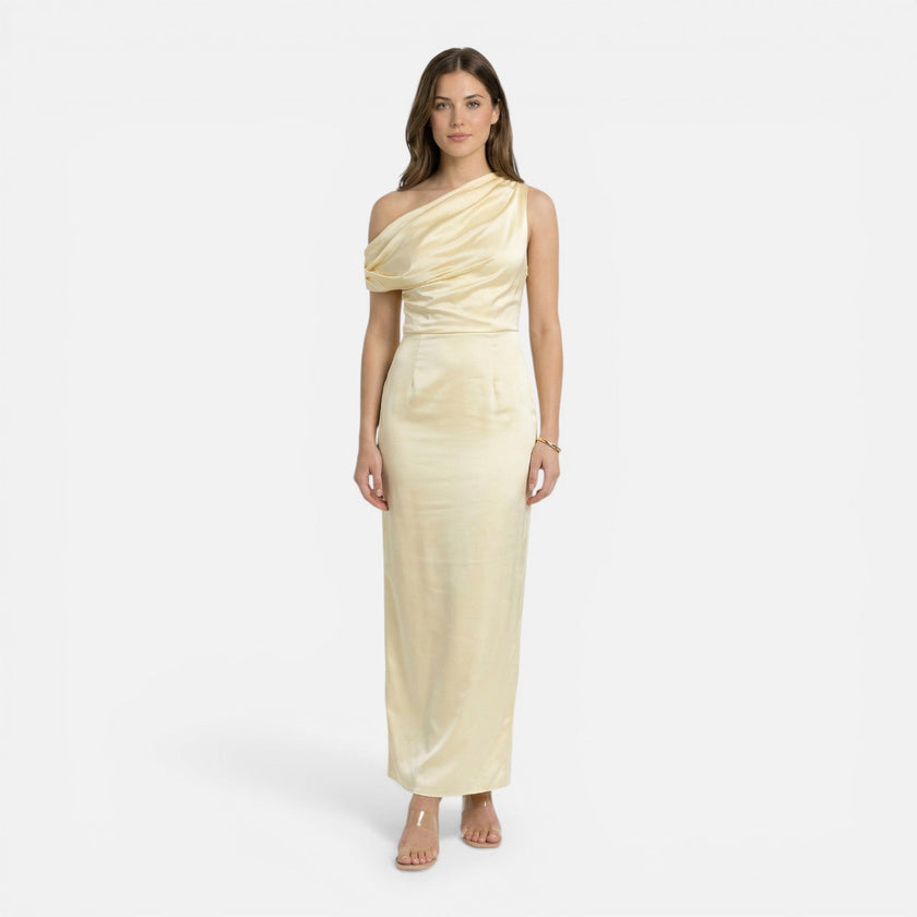 Women's satin one-shoulder wedding guest dress by FJØRNA, midi length, slim fit, elegant evening dress with draped shoulder detail.