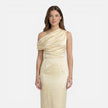 Women's satin one-shoulder wedding guest dress by FJØRNA, midi length, slim fit, elegant evening dress with draped shoulder detail.