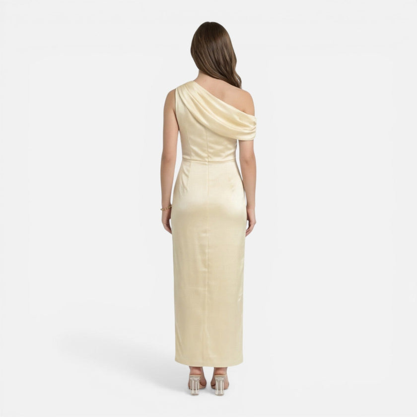 Women's satin one-shoulder midi wedding guest dress by FJØRNA, slim fit with elegant design and smooth fabric.