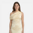 Women's satin one-shoulder wedding guest dress by FJØRNA, midi length, slim fit, elegant evening dress with a stylish design.