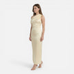 Women's satin one-shoulder midi wedding guest dress by FJØRNA, slim fit with elegant design and smooth fabric.