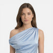Women's satin one-shoulder wedding guest dress by FJØRNA, midi length, slim fit, elegant evening dress for women.