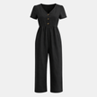 FJØRNA women's linen blend suit set with short sleeves and wide-leg design, featuring a button-front jumpsuit.