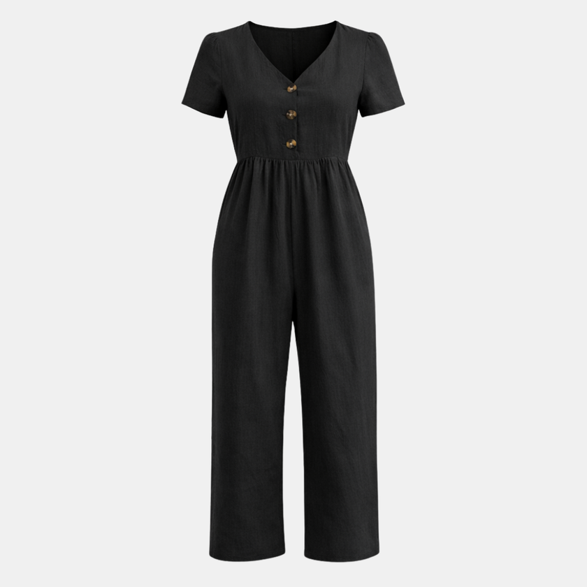 FJØRNA women's linen blend suit set with short sleeves and wide-leg design, featuring a button-front jumpsuit.