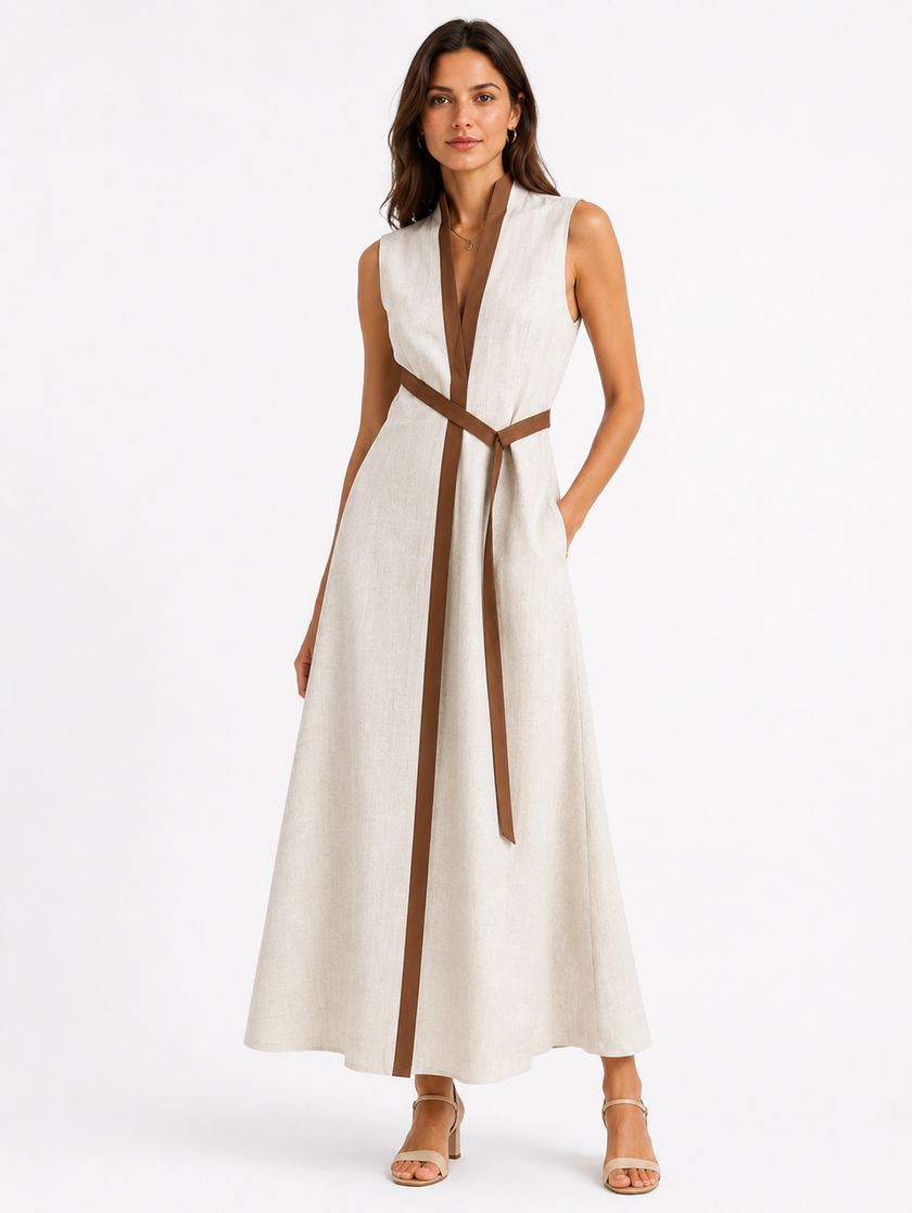 Women’s sleeveless midi dress with stand collar by FJØRNA, featuring a relaxed fit and stylish design.