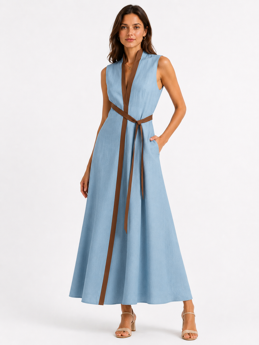 Women's FJØRNA sleeveless midi dress with stand collar, relaxed fit, and elegant style, shown on a model.