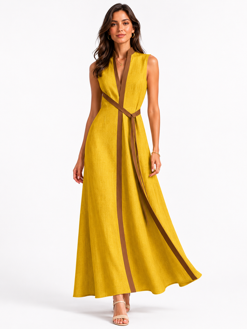 Women’s sleeveless midi dress by FJØRNA with stand collar and relaxed fit, shown on a model in a stylish outdoor setting.