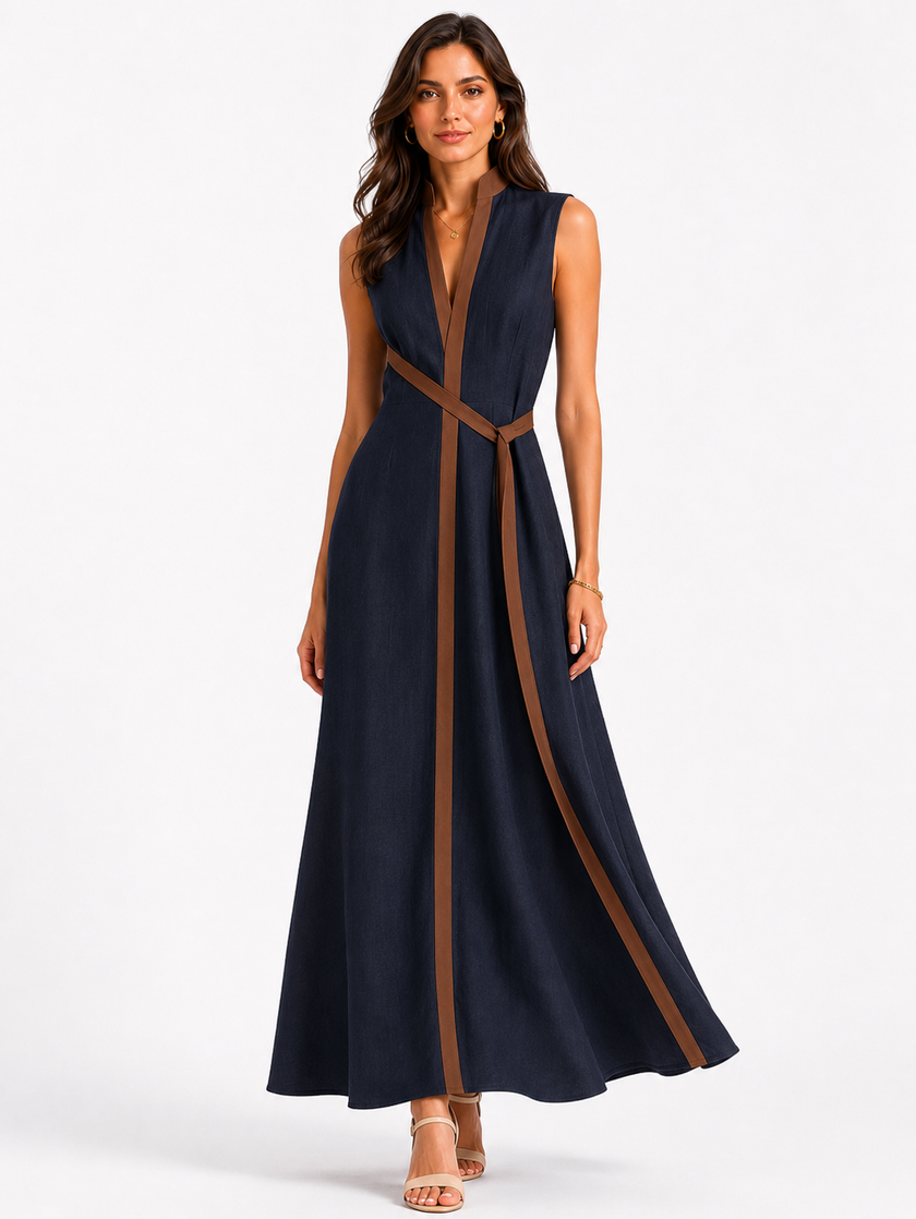 Women’s sleeveless midi dress with stand collar by FJØRNA, featuring a relaxed fit and stylish design.