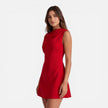 Women’s sleeveless mini dress with draped neckline by FJØRNA, elegant fit perfect for wedding guests.