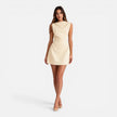 Women's sleeveless mini dress by FJØRNA featuring an elegant fit and draped neckline, perfect for weddings and special occasions.