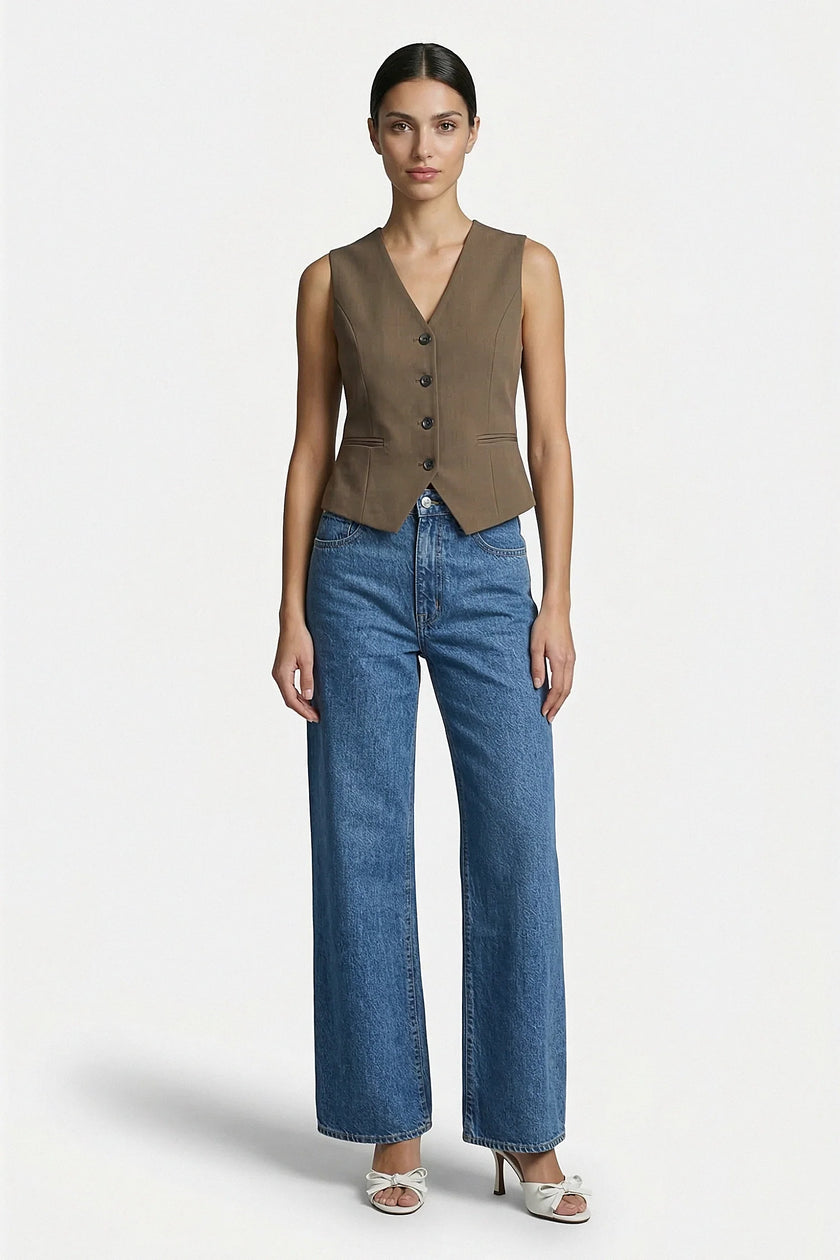 FJØRNA women's slim fit sleeveless tailored waistcoat, full body shot showcasing layering and sleek design.