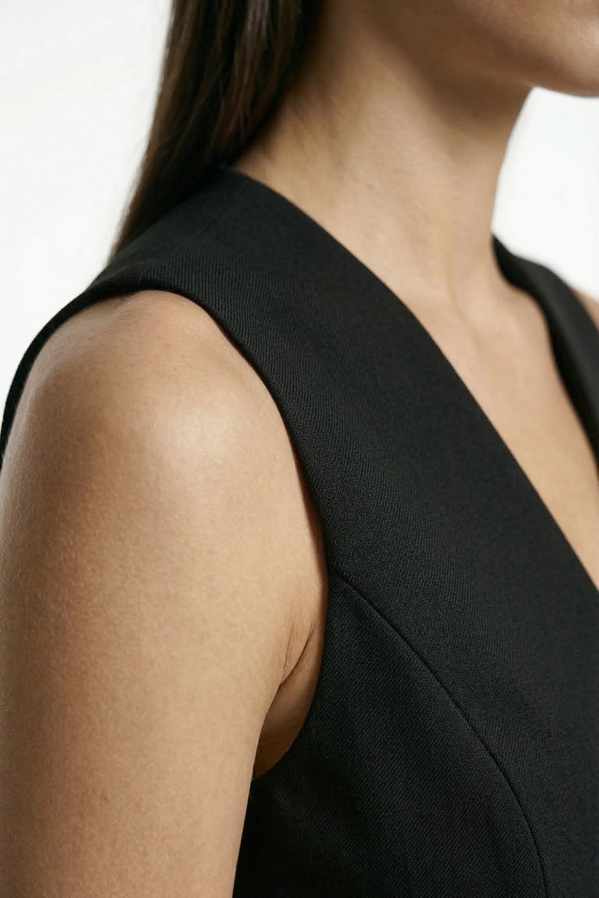Black women's slim fit sleeveless waistcoat by FJØRNA, close-up showing tailored tailoring and layered design.