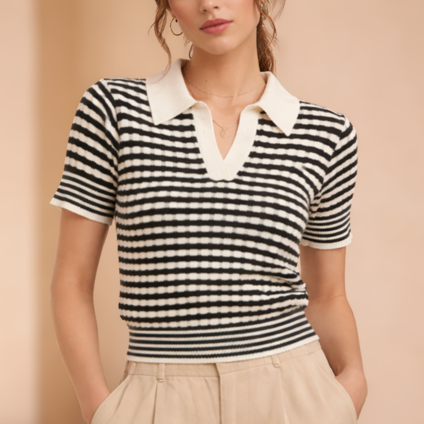 Women's striped V-neck T-shirt by FJØRNA, featuring a casual fit and vibrant horizontal stripe pattern.