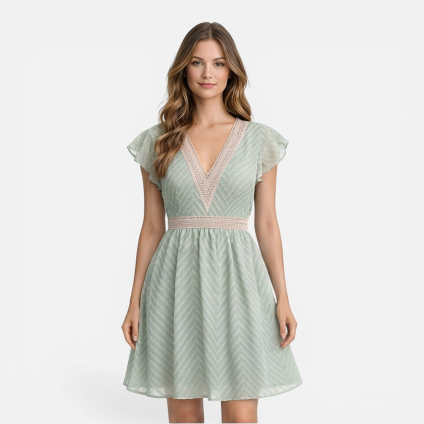 Women’s lightweight V-neck summer dress by FJØRNA featuring an A-line silhouette and lace waist detail.